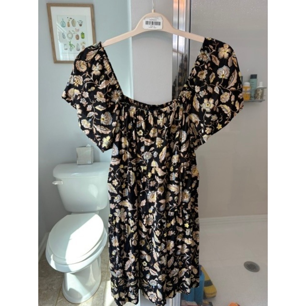 Old Navy Black Floral Tiered Mini Dress Puff Sleeve Boho Size Medium